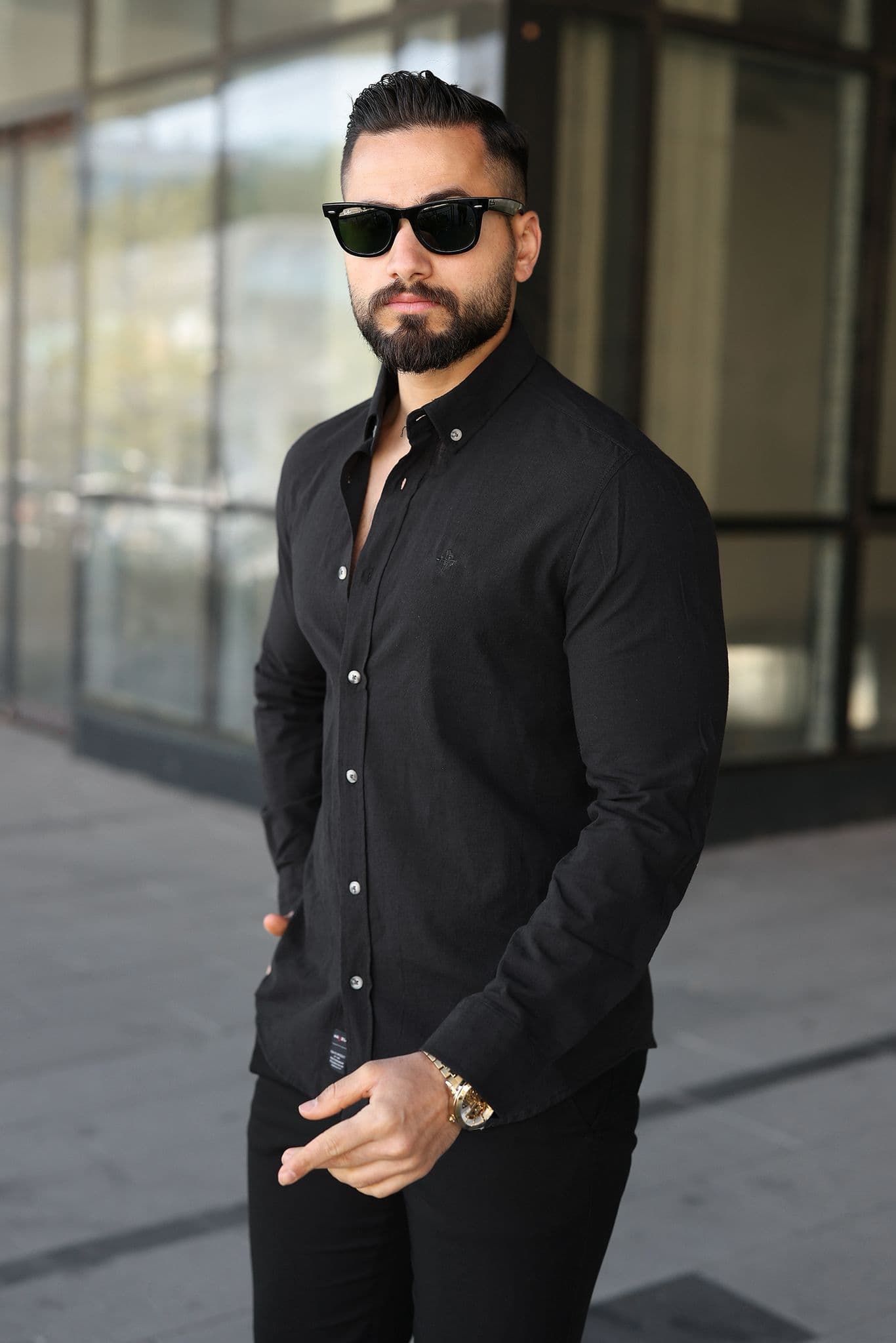 Müslin Keten Slim Fit Gömlek - Siyah