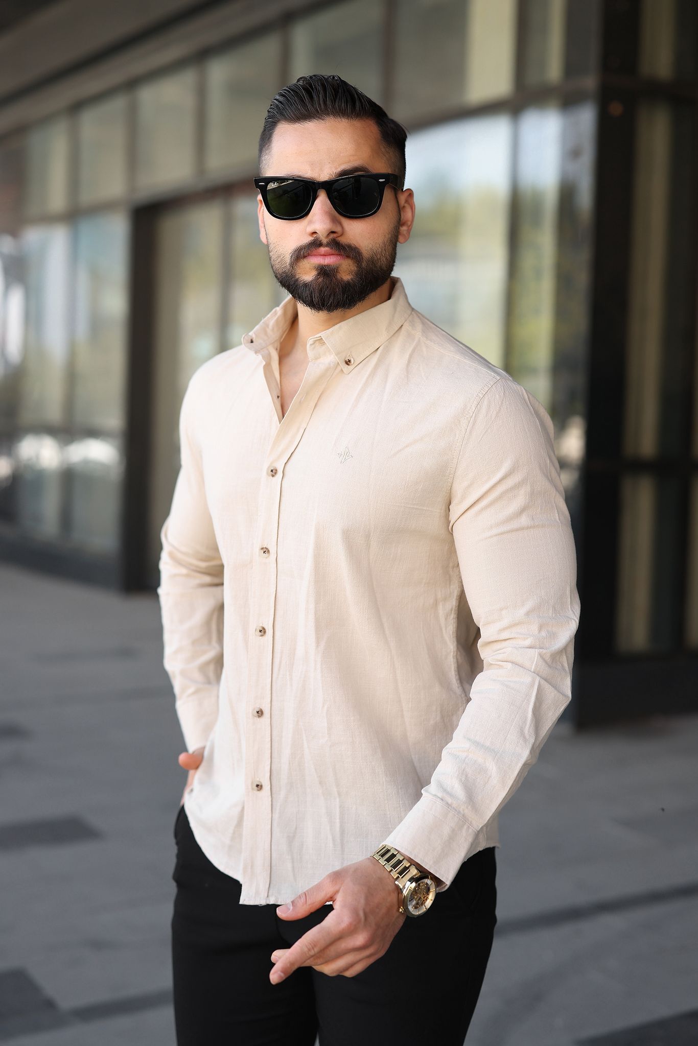 Müslin Keten Slim Fit Gömlek - Krem