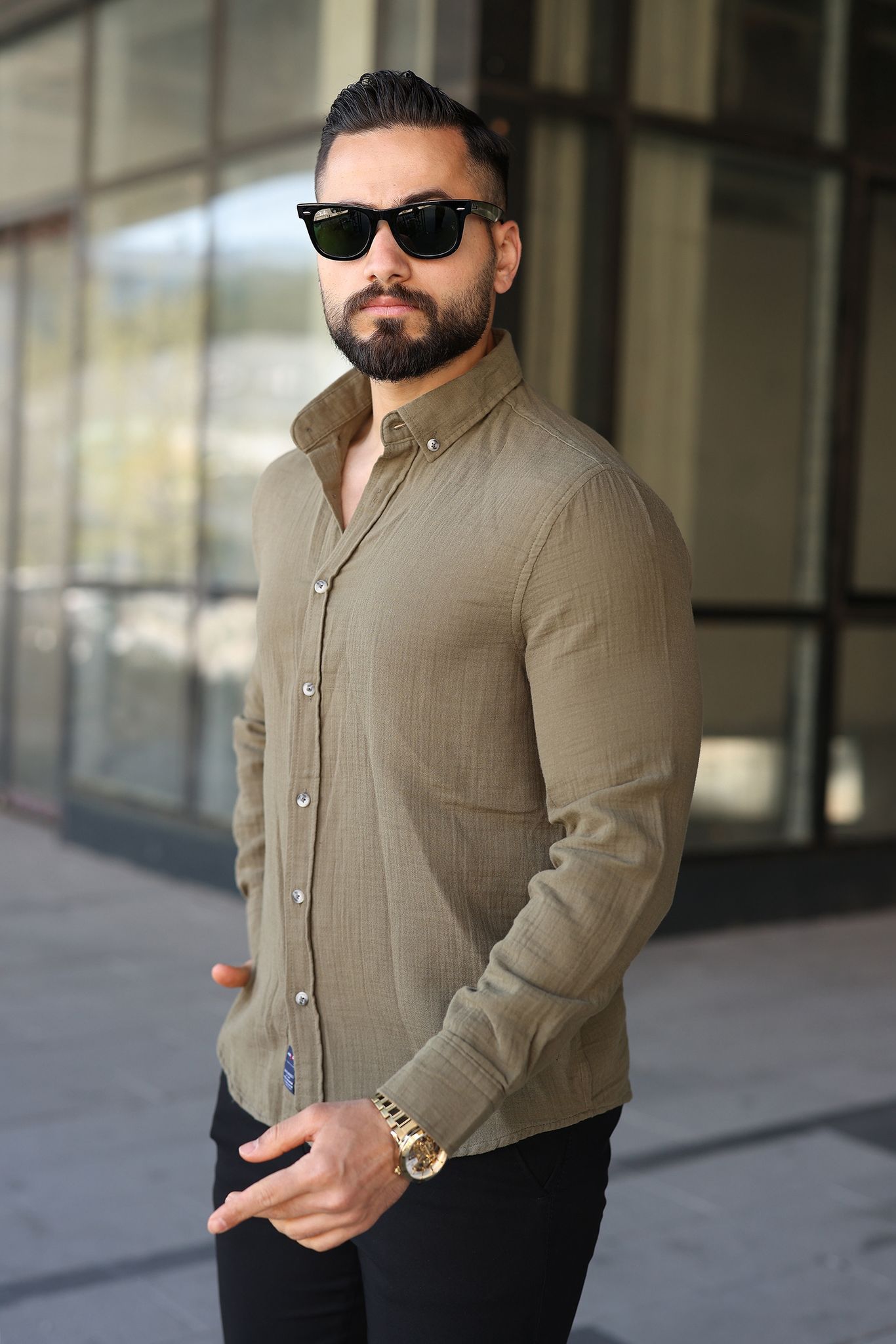 Müslin Keten Slim Fit Gömlek - Siyah