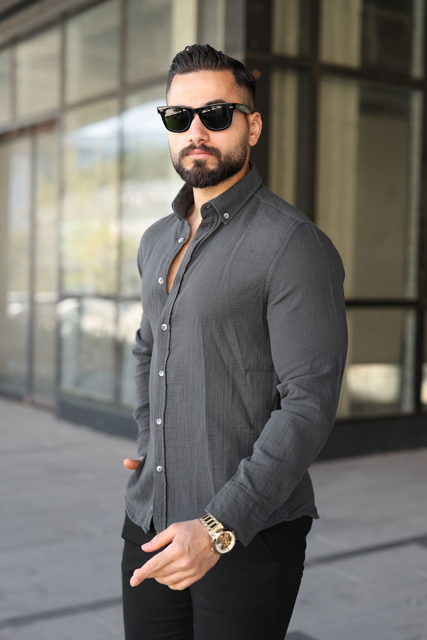 Müslin Keten Slim Fit Gömlek - Siyah